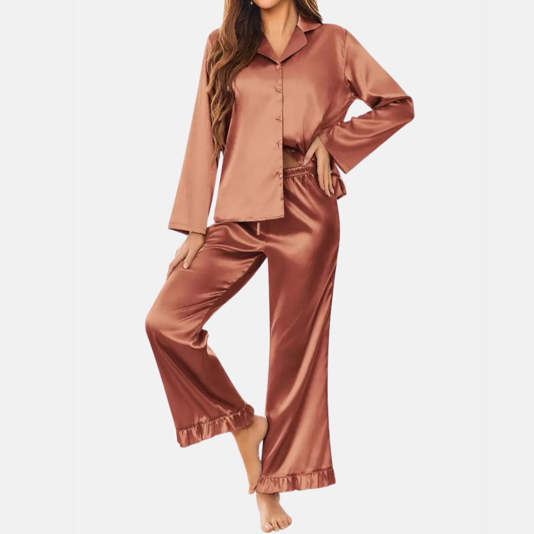 Zachte Satijnen Dames Pyjama Set – 2-Delige Loungewear met Lange Mouwen & Knoopsluiting