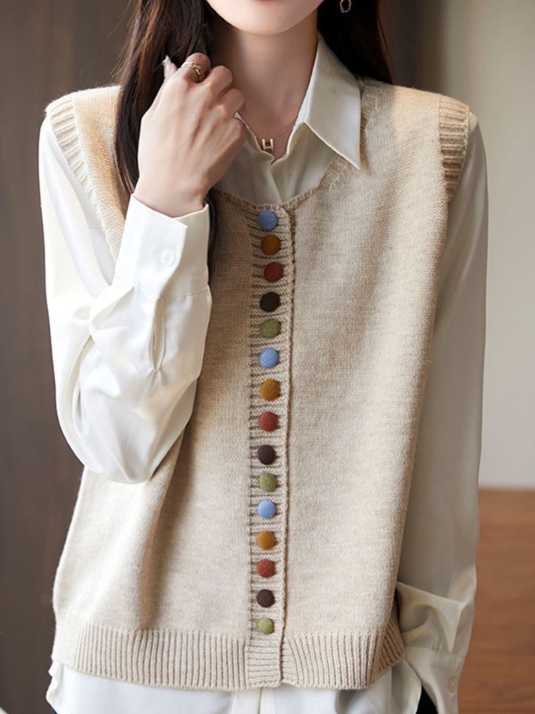Dames Mouwloos Gebreid Sweater Vest – Losse Pasvorm Trui met Kleurrijke Knopen
