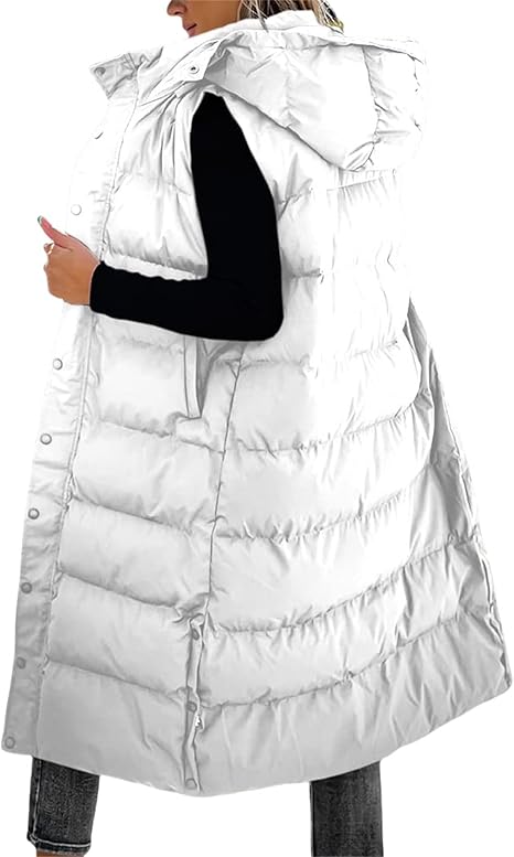 Warme Lange Gewatteerde Bodywarmer voor Dames – Mouwloos Vest met Capuchon en Zijsplitten