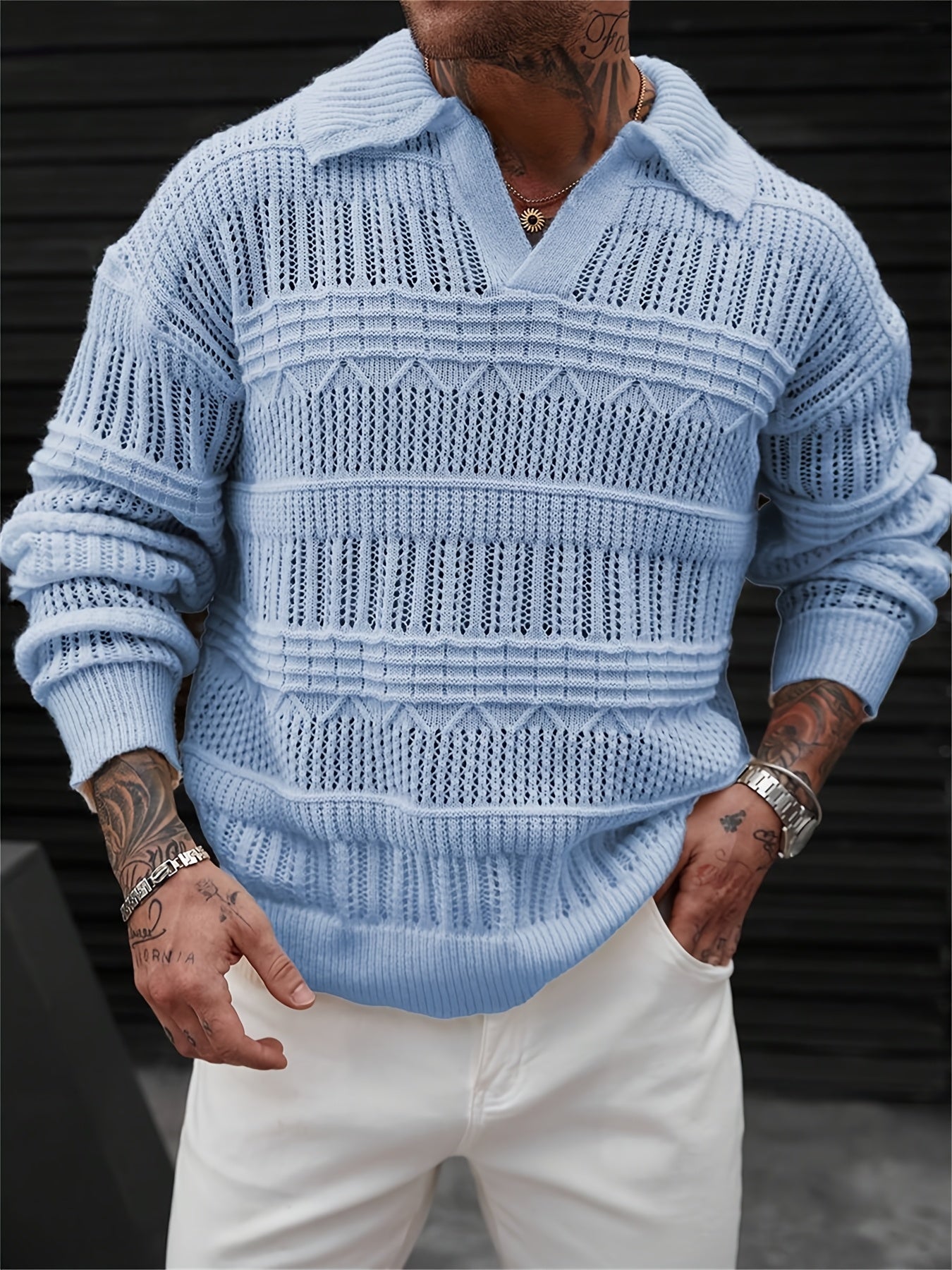 Heren Lange Mouw Open Gebreide Trui – Casual Lichtgewicht Pullover met Kraag