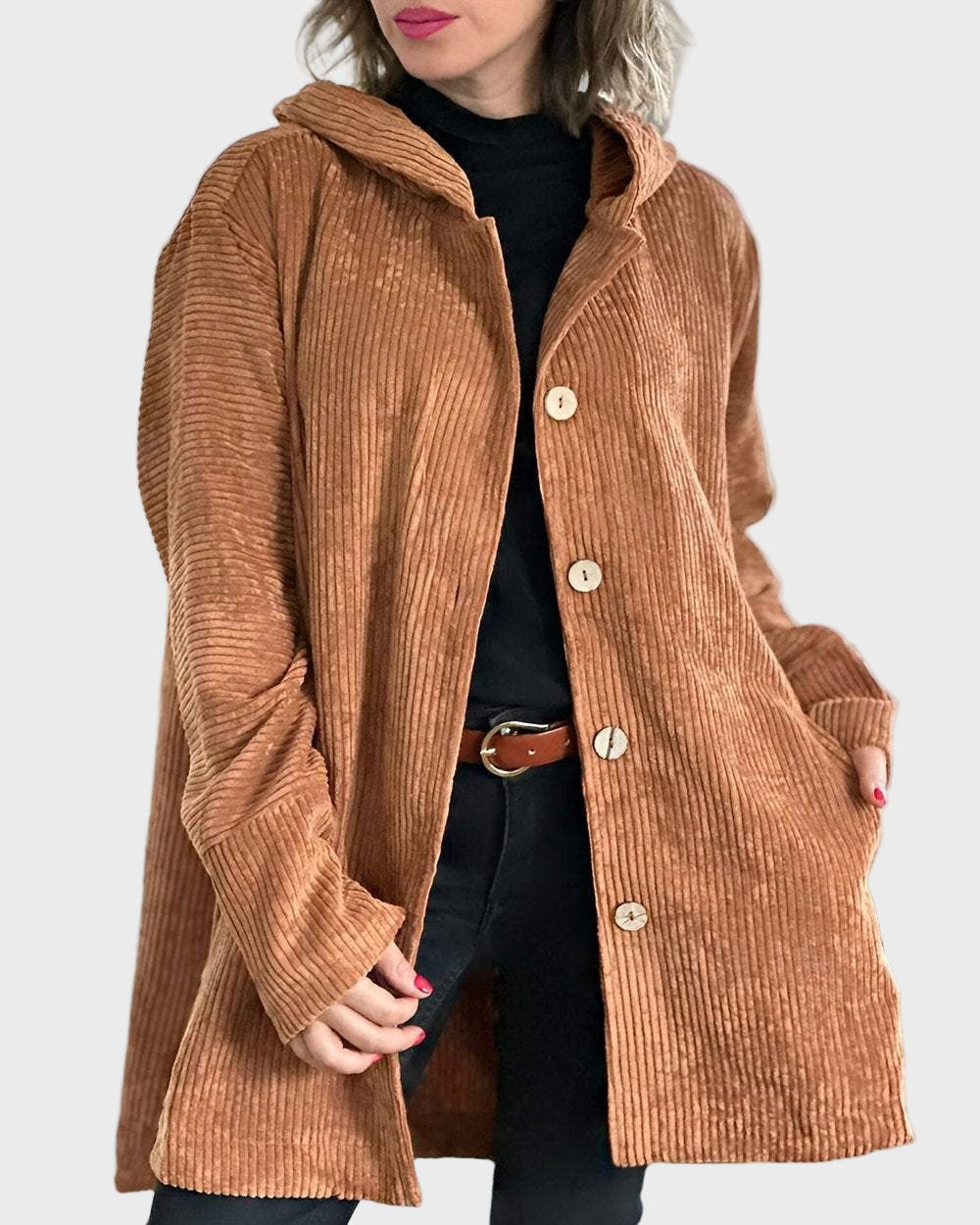 Dames Corduroy Jas met Capuchon – Stijlvolle en Comfortabele Tussenjas