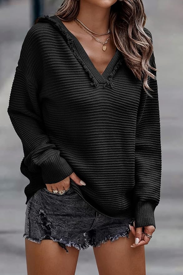 Hooded Gebreide Trui – Zachte Katoenmix, Oversized Pasvorm en V-Hals met Franjes