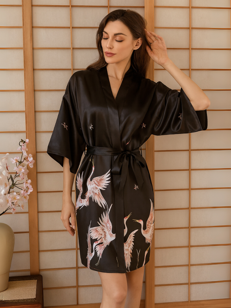 Lichtgewicht Zijde Kimono Met Kraanvogelprint – Elegante Zomer Badjas voor Bruid, Bruidsmeisjes & Loungewear