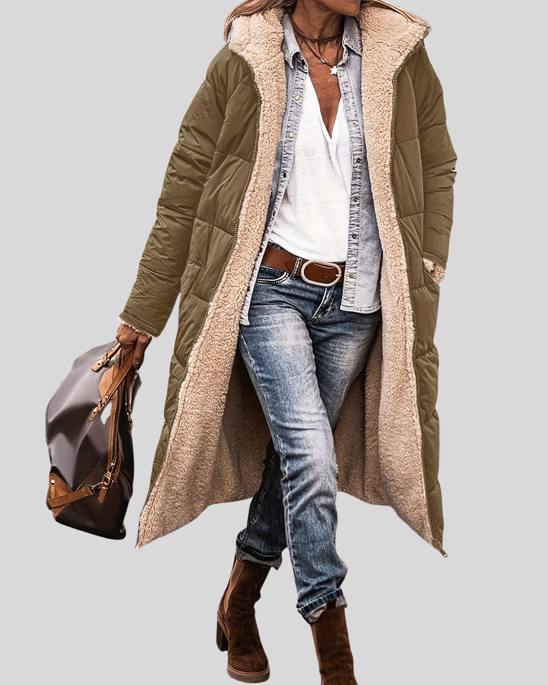 Lange Herfstjas met Warme Teddyvoering – Stijlvolle & Comfortabele Damesjas voor de Herfst