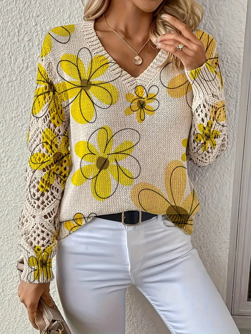 Elegante Lange Mouwen Trui Met Bloemenprint – Comfortabele Damestrui voor Casual & Stijlvolle Outfits