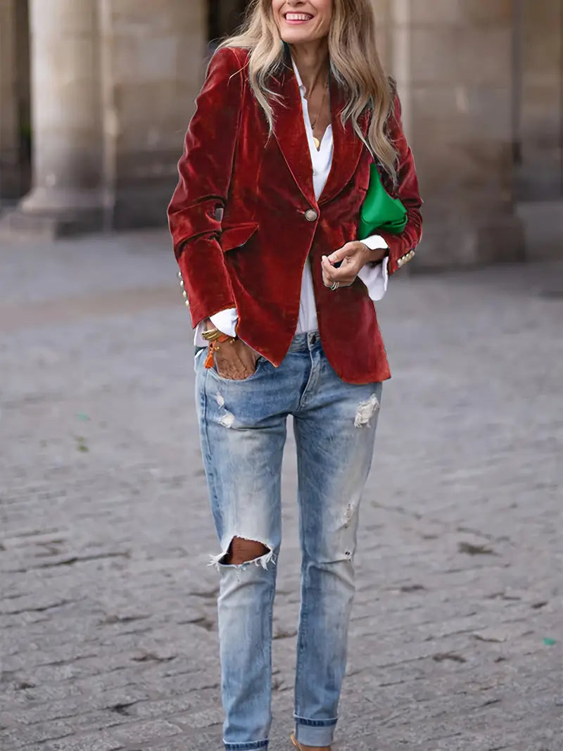 Dames Fluwelen Blazer – Elegante Getailleerde Jas met Klassieke Revers voor Avond & Casual Look