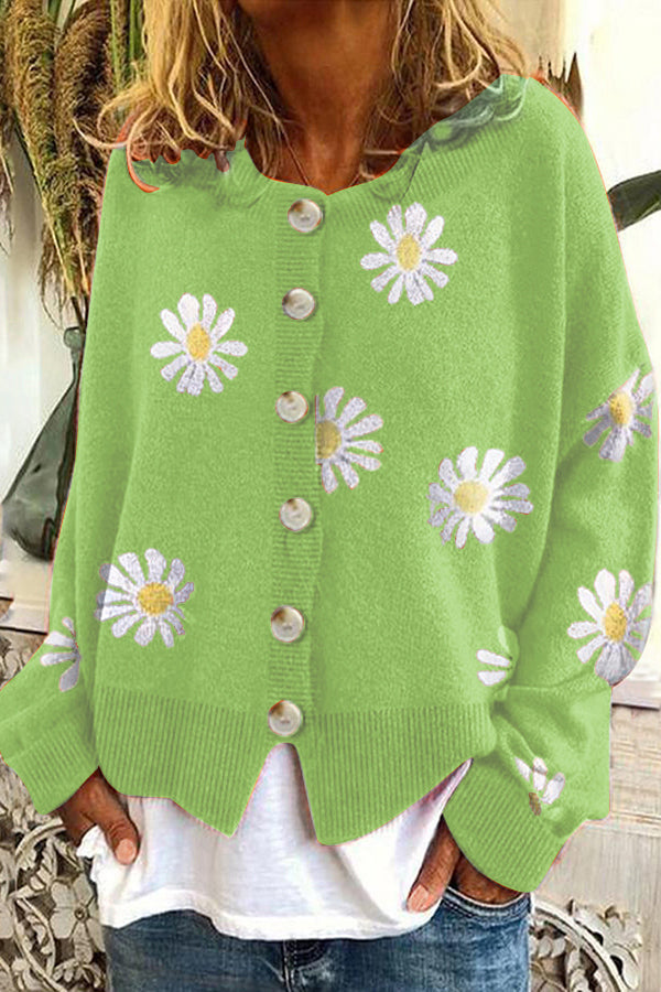 Gebreid Vest met Ronde Hals en Bloemenborduursel – Elegante en Comfortabele Cardigan