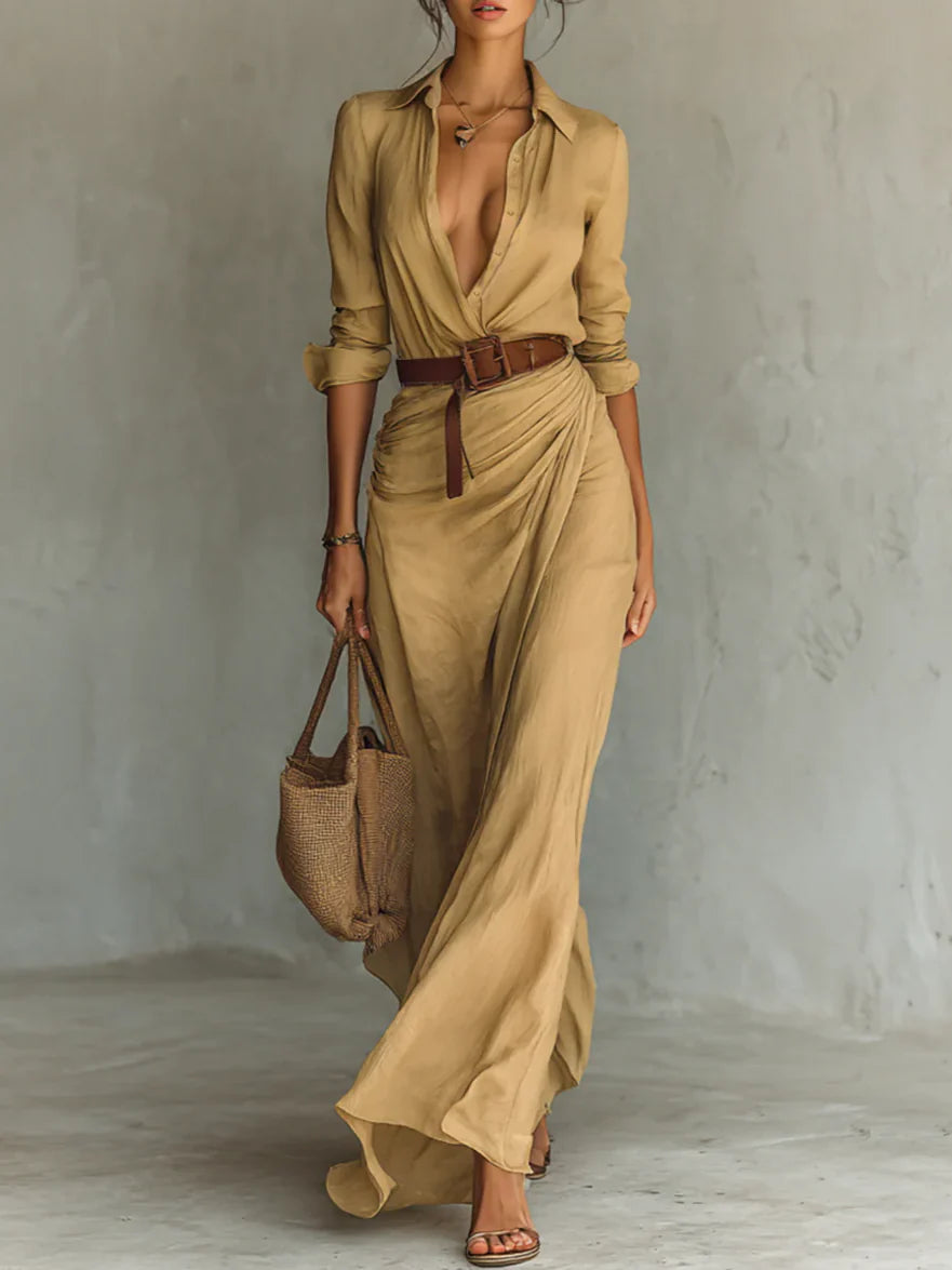 Elegante Maxi Jurk met Reverskraag & Tailleceintuur – Lange Mouwen, Stijlvolle Pasvorm