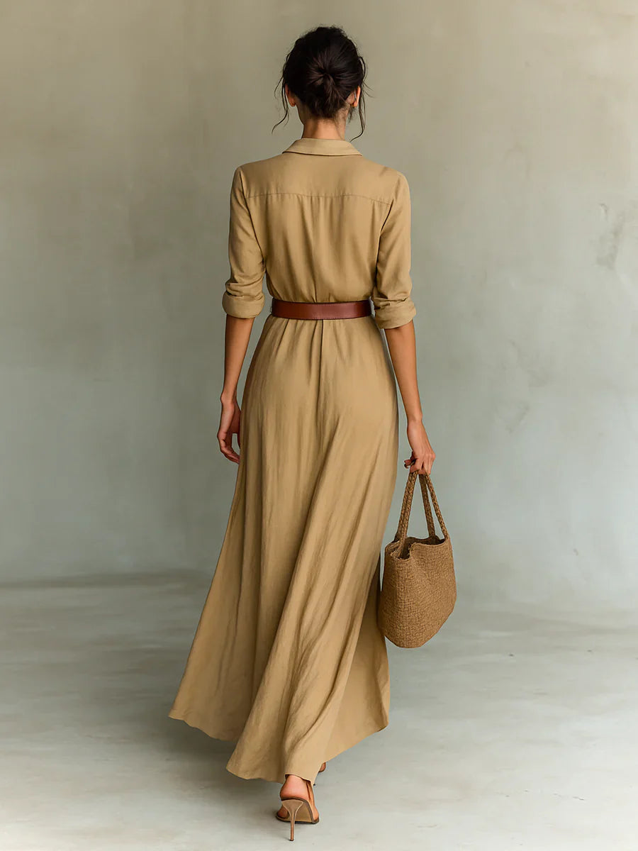 Elegante Maxi Jurk met Reverskraag & Tailleceintuur – Lange Mouwen, Stijlvolle Pasvorm