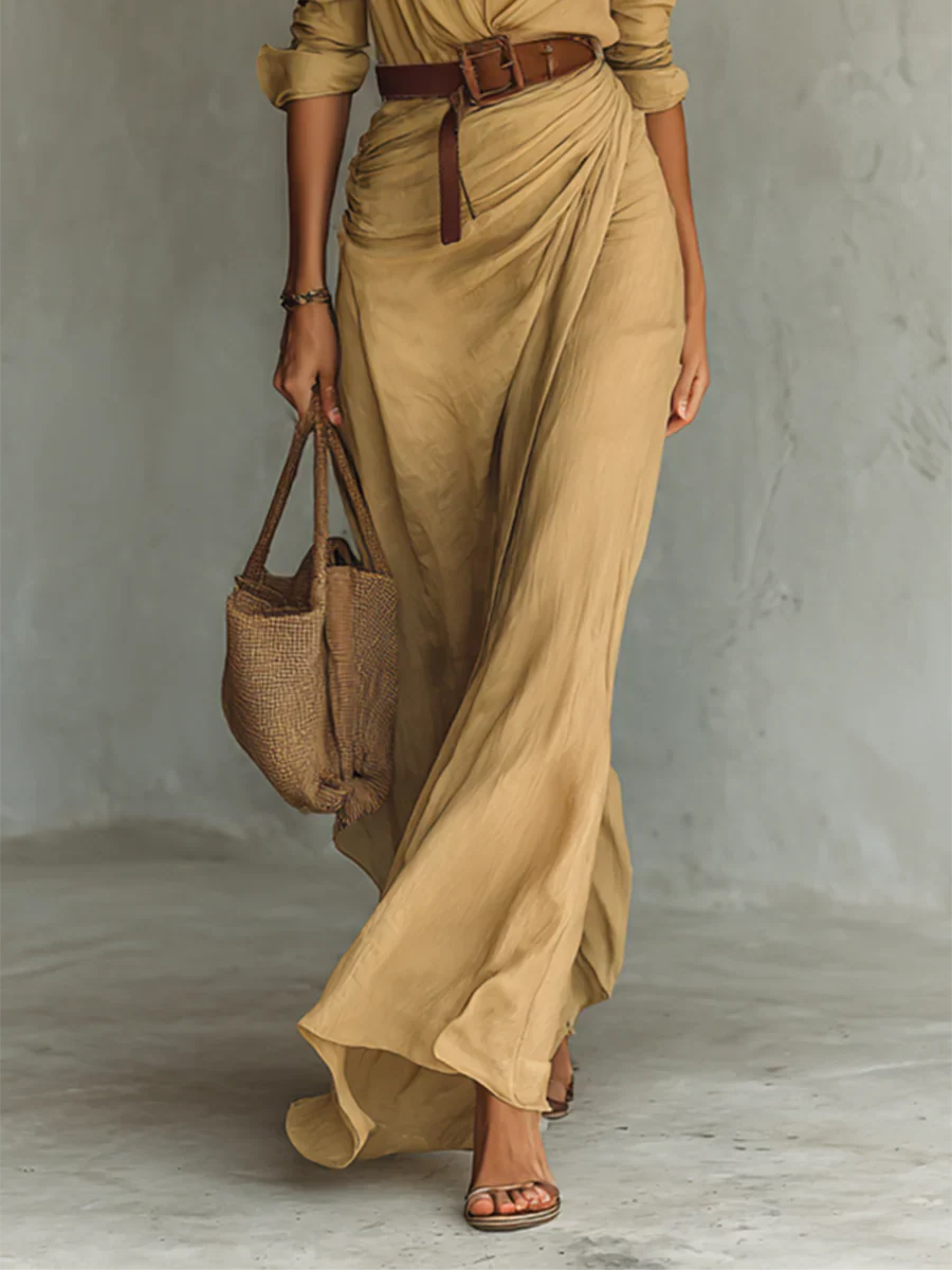 Elegante Maxi Jurk met Reverskraag & Tailleceintuur – Lange Mouwen, Stijlvolle Pasvorm