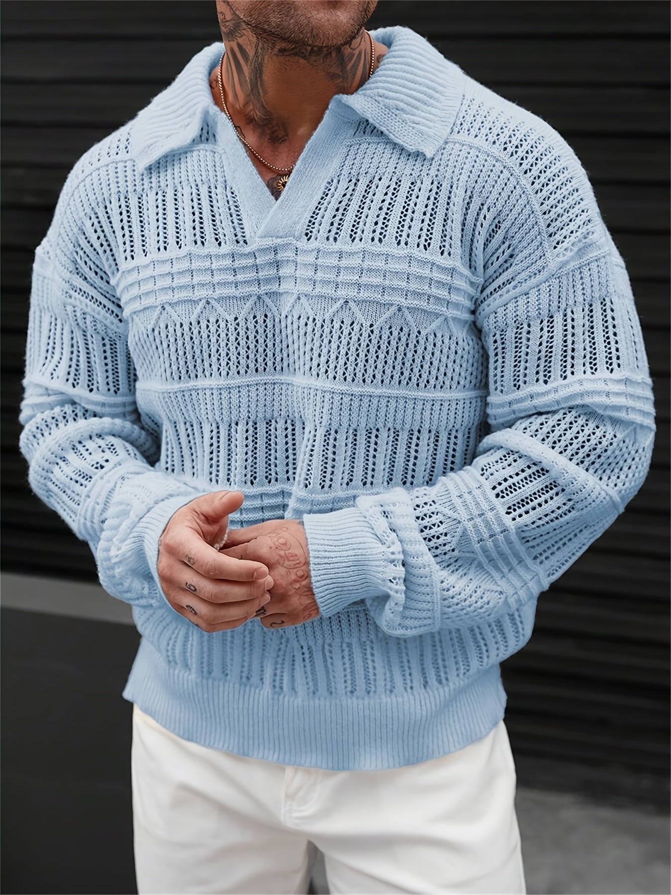 Heren Lange Mouw Open Gebreide Trui – Casual Lichtgewicht Pullover met Kraag