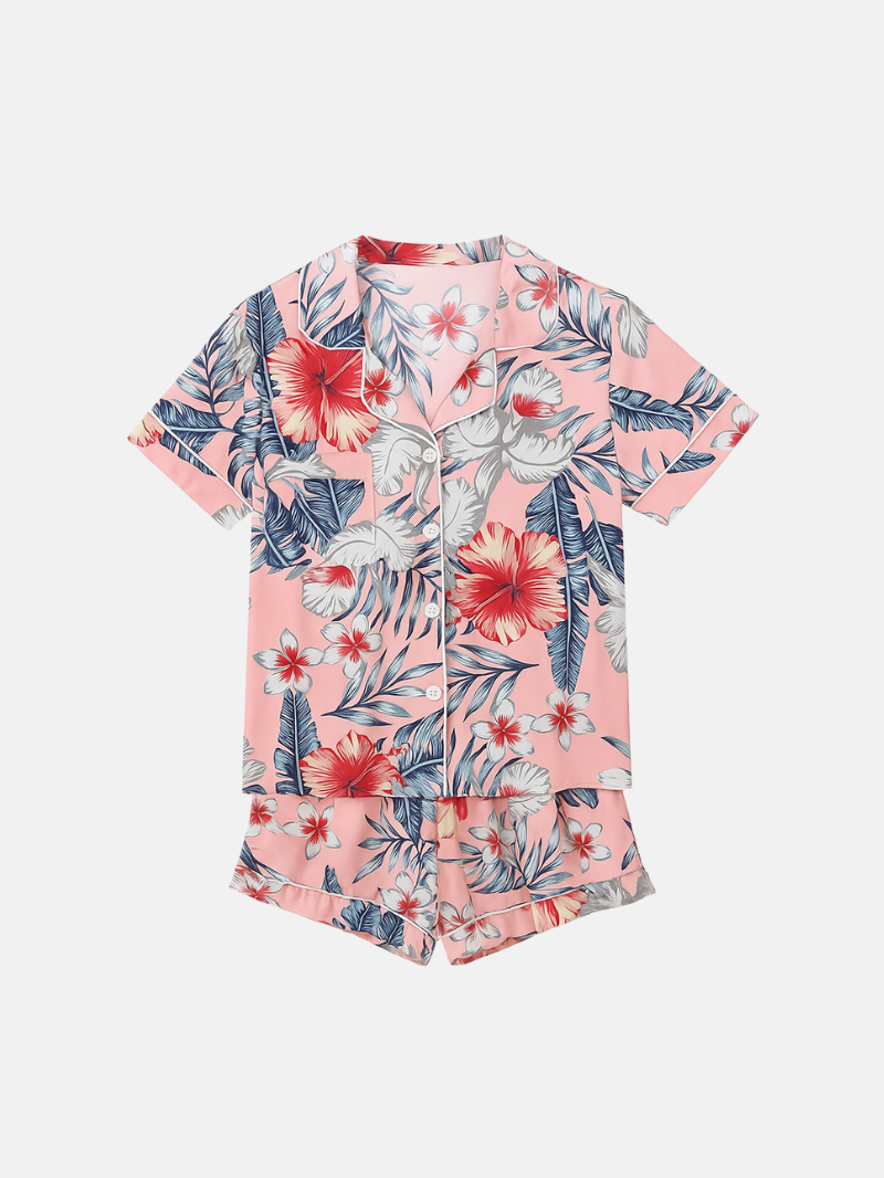 Luxe Satijnen Pyjama Set voor Dames – Bloemenprint, Korte Mouwen & Shorts, Lichtgewicht Zomerslaapset