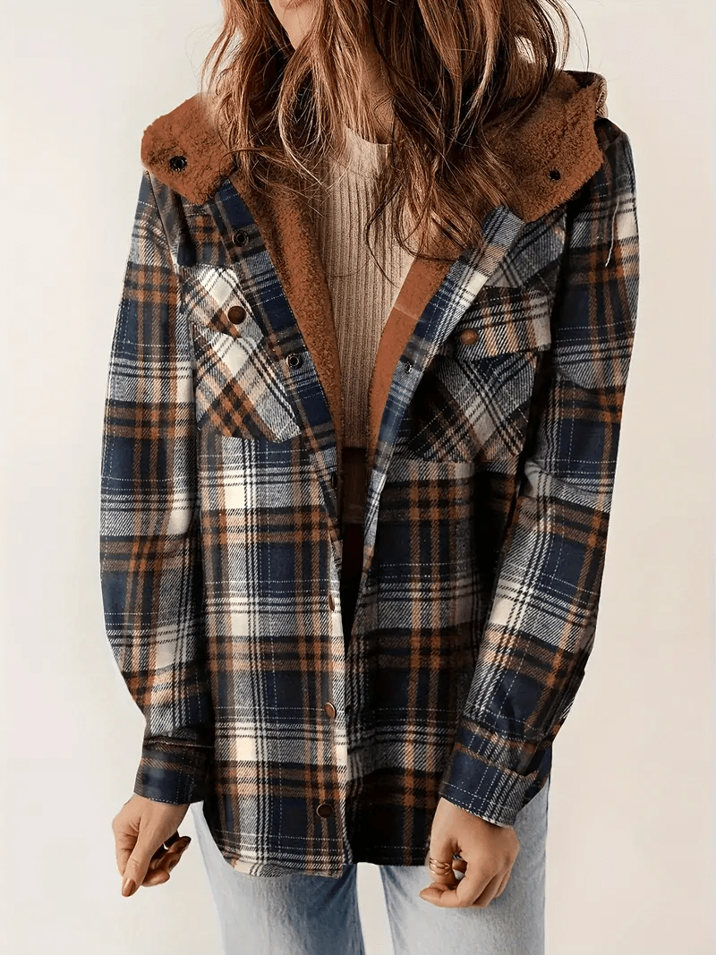 Warme Flanellen Ruiten Jas – Zachte Sherpa Gevoerde Hoodie voor Casual Koude Dagen