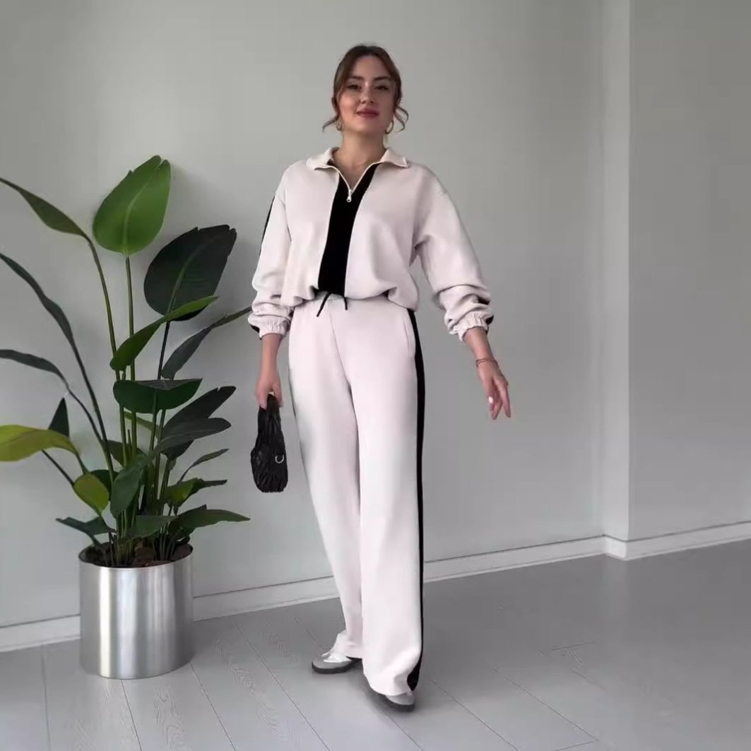 Dames Rits Kraag Tops & Broeken 2-delige Set – Trendy Kleurblok Ontwerp & Comfortabele Pasvorm
