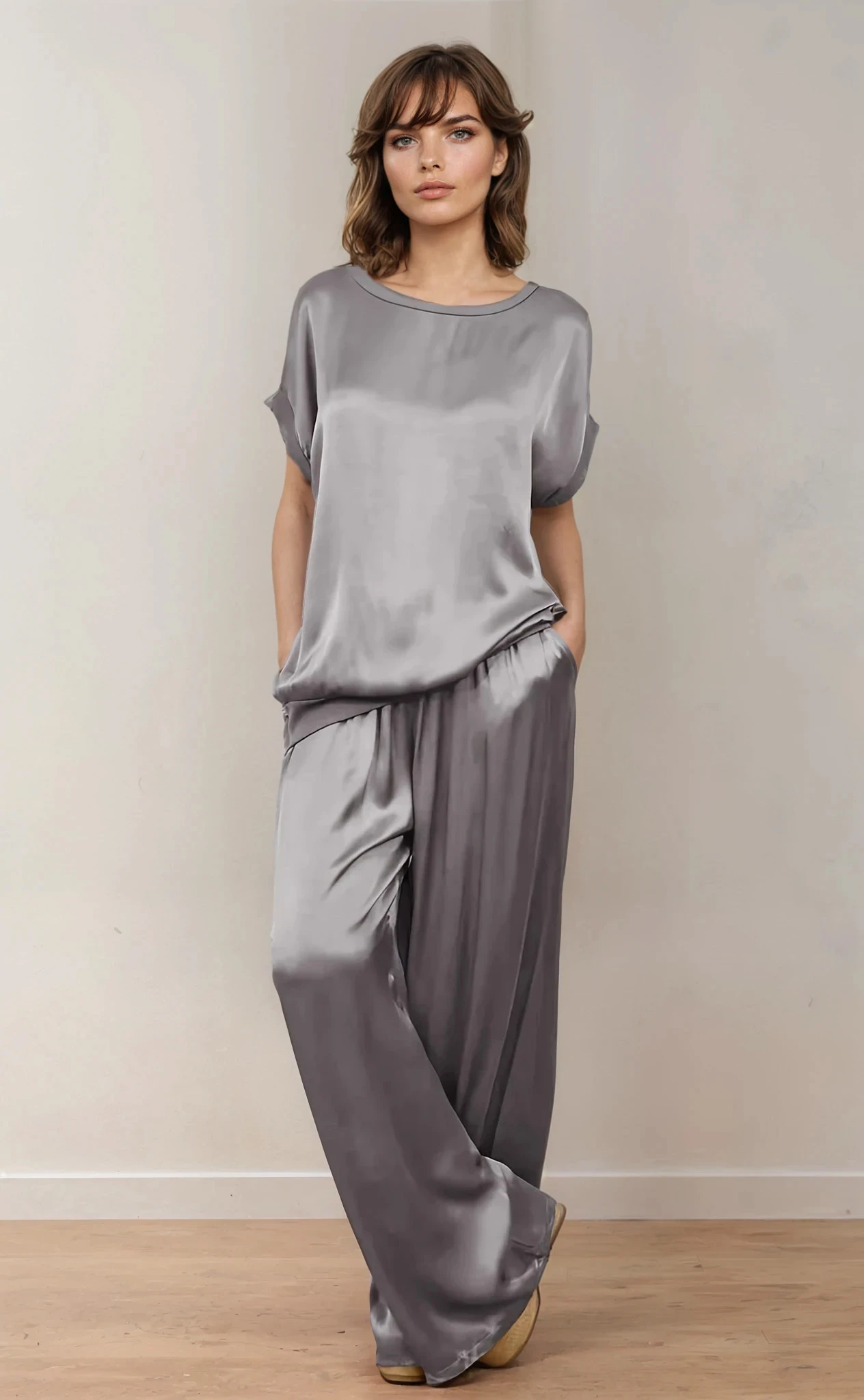 Elegante Blauwe Dames Loungewear Set – Casual Korte Mouwen & Wijde Broek met Zakken