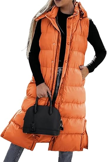 Warme Lange Gewatteerde Bodywarmer voor Dames – Mouwloos Vest met Capuchon en Zijsplitten