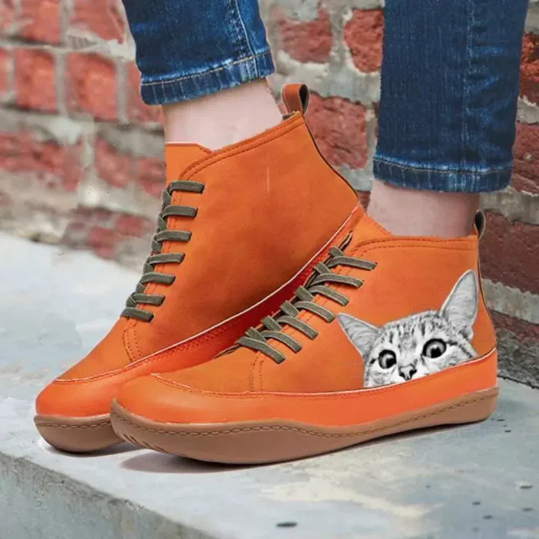 Leren Stiefeletten voor Kattenliefhebbers Dames – Warm, Comfortabel & Uniek Design