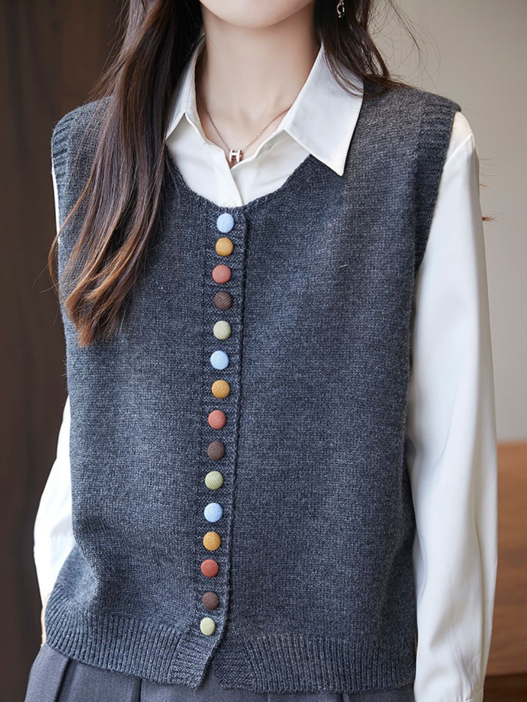 Dames Mouwloos Gebreid Sweater Vest – Losse Pasvorm Trui met Kleurrijke Knopen