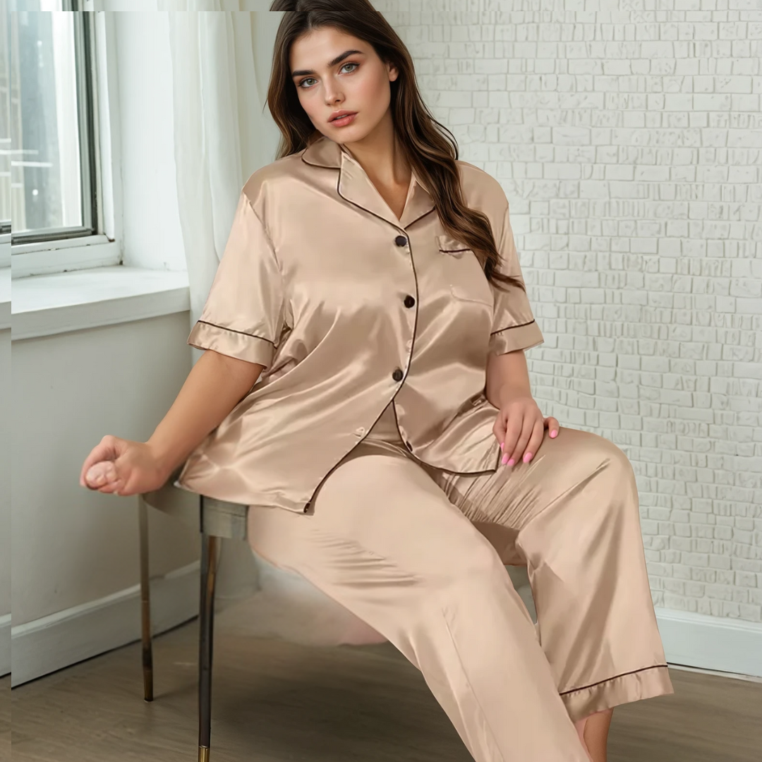 Zijde Nachtkleding Set voor Dames in Grote Maten – Lichtgewicht Ademend Shirt en Lange Broek voor Comfortabel Zomers Thuisloungen