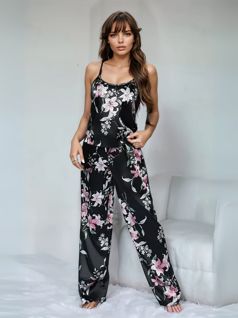 Dames Zijdeachtige Pyjamaset – Effen Cami Top met Ronde Hals & Elastische Broek voor Dagelijks Comfort