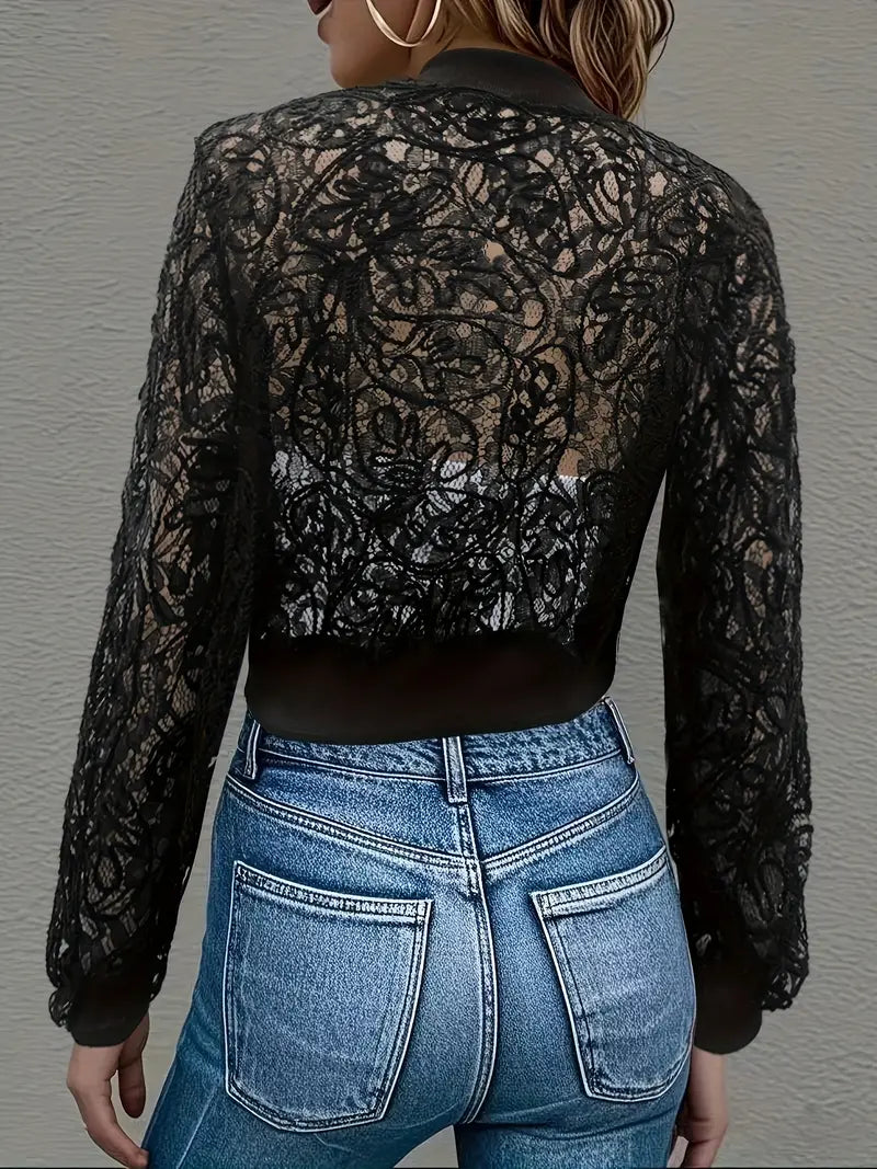Crop Lace Bomber Jas Dames – Kanten Borduursel, Licht & Trendy Cropped Jacket