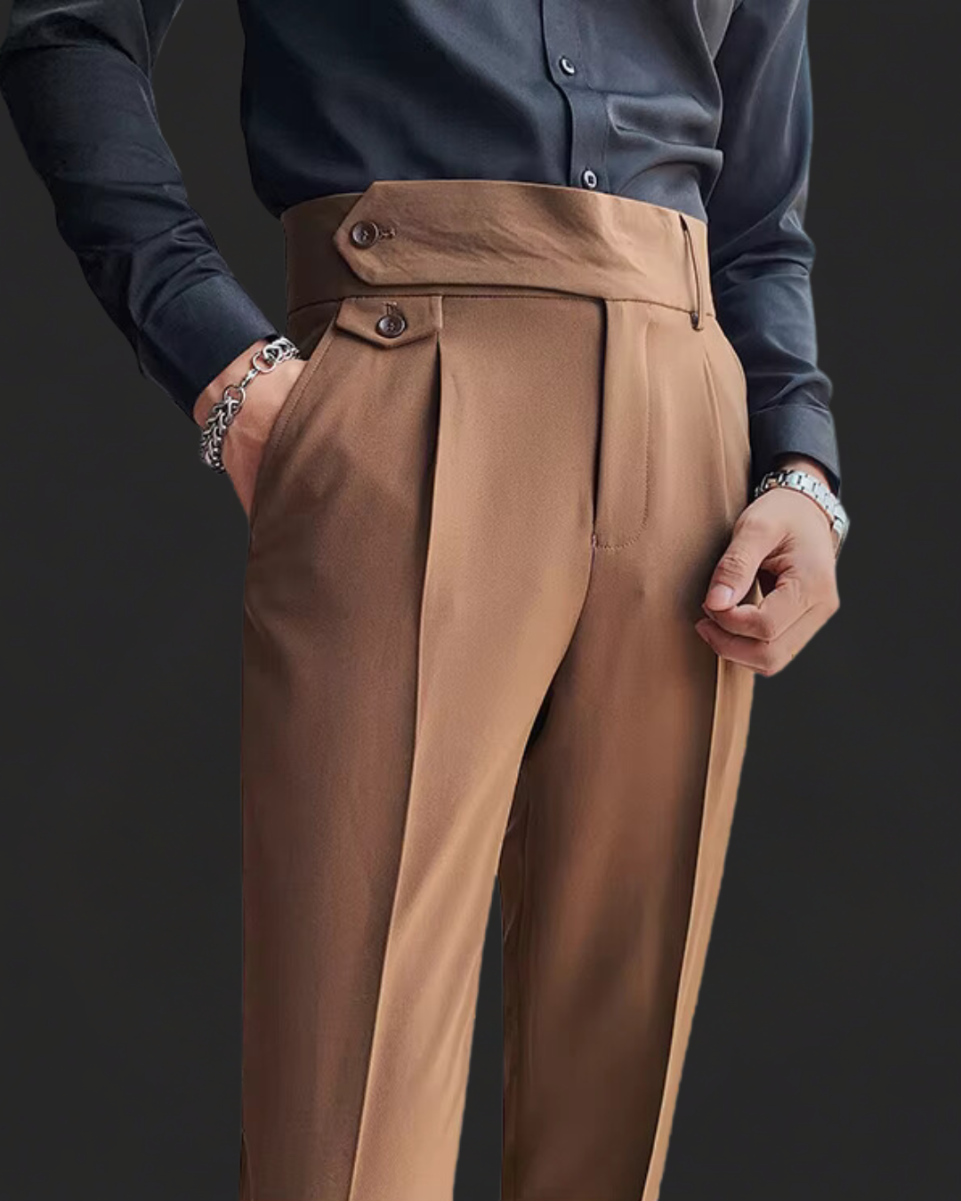 Heren Hoge Taille Geplooide Twill Broek – Lichte Stretch Gurkha Stijl Pantalon voor Lente & Zomer