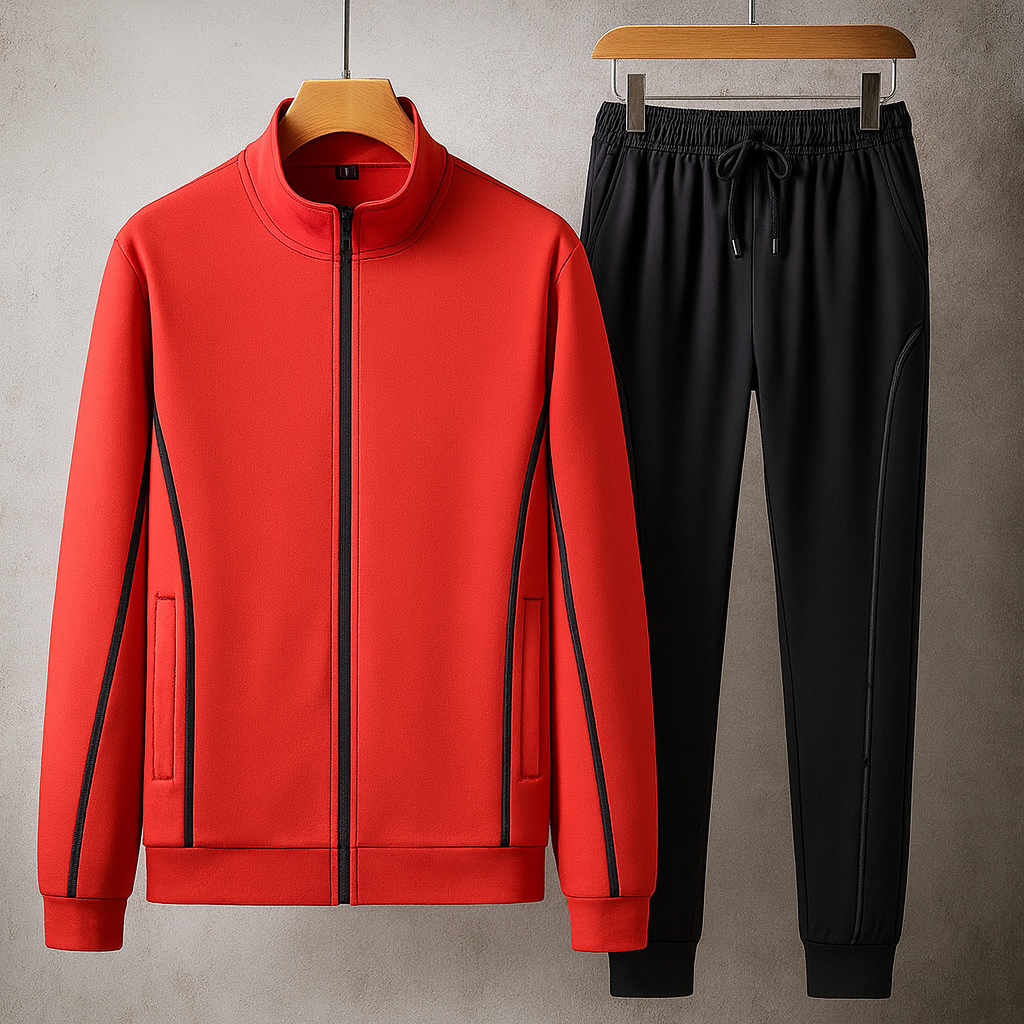 Premium Tracksuit voor Heren – Luxe Trainingspak met Contour Piping en Dubbelgebreide Performance Blend