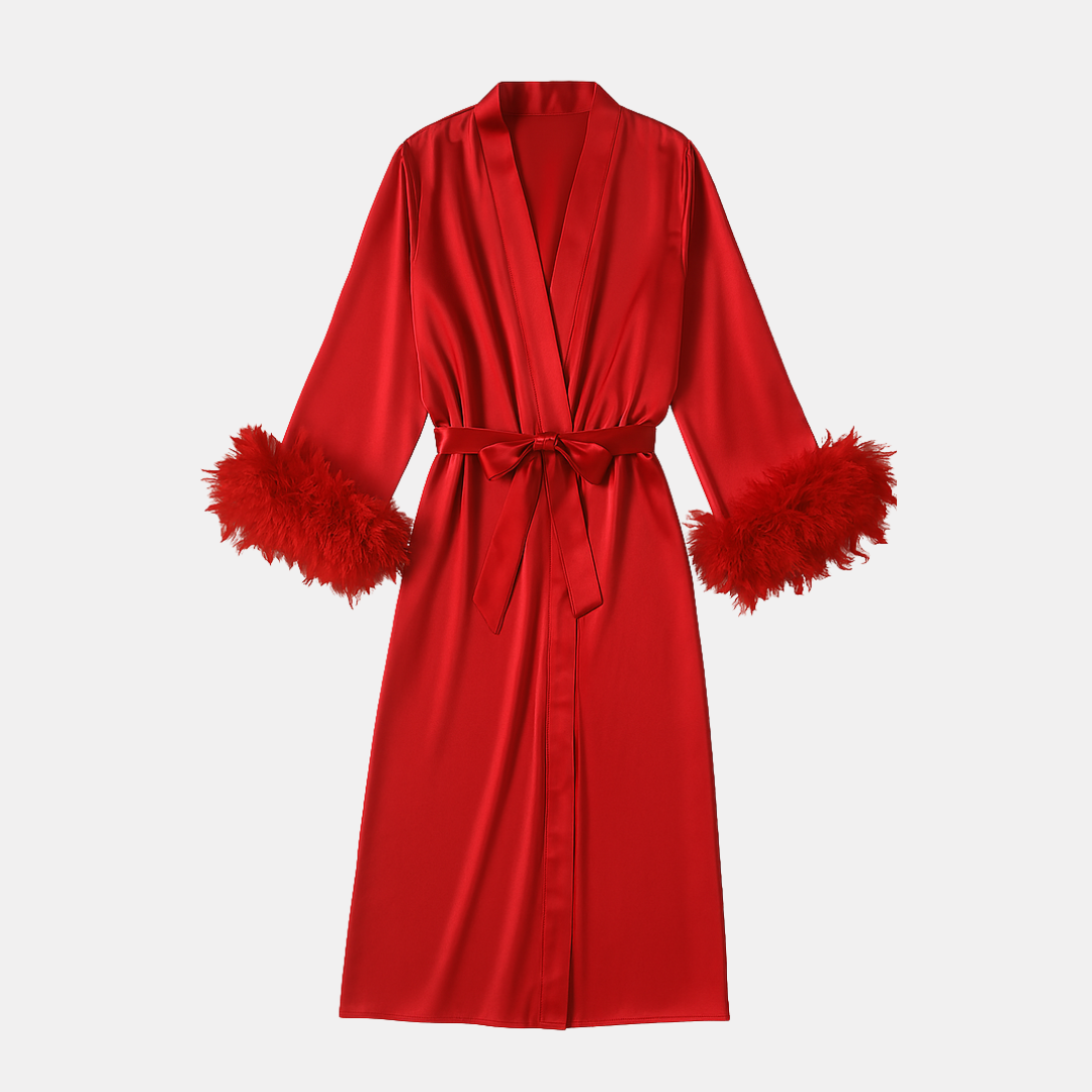 Luxe Kimono Met Veren – Lange Ijszijde Bruidsslaapjurk & Elegante Loungewear Voor Dames