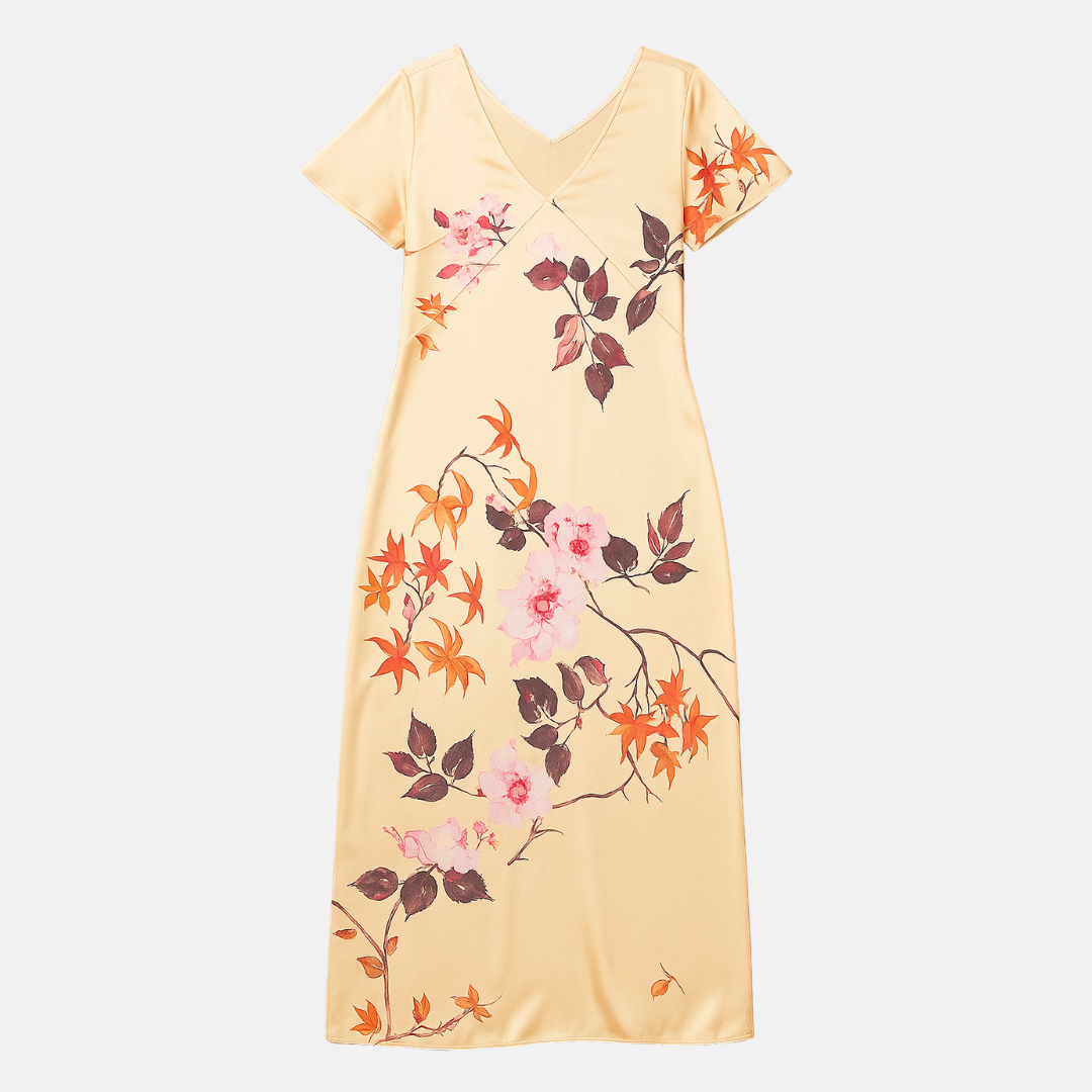 Ademende Ice Silk Nachthemd met Korte Mouwen – Elegant Nachthemd met Esdoornbladprint voor Dames