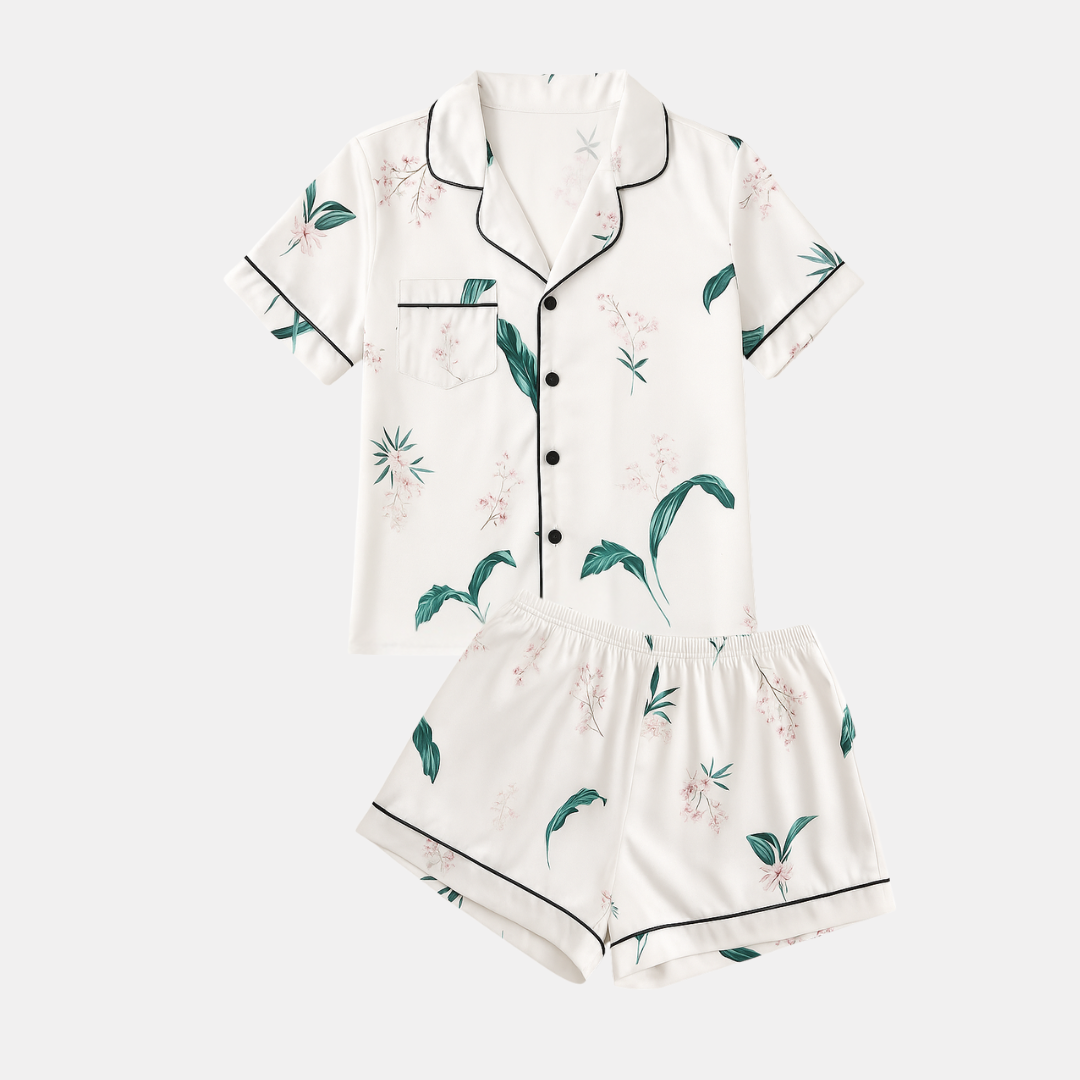 Elegante Dames Pyjamaset met Bloemenprint – Korte Mouwen, Blouse met Knopen & Zachte Polyester Mix voor Comfort Thuis