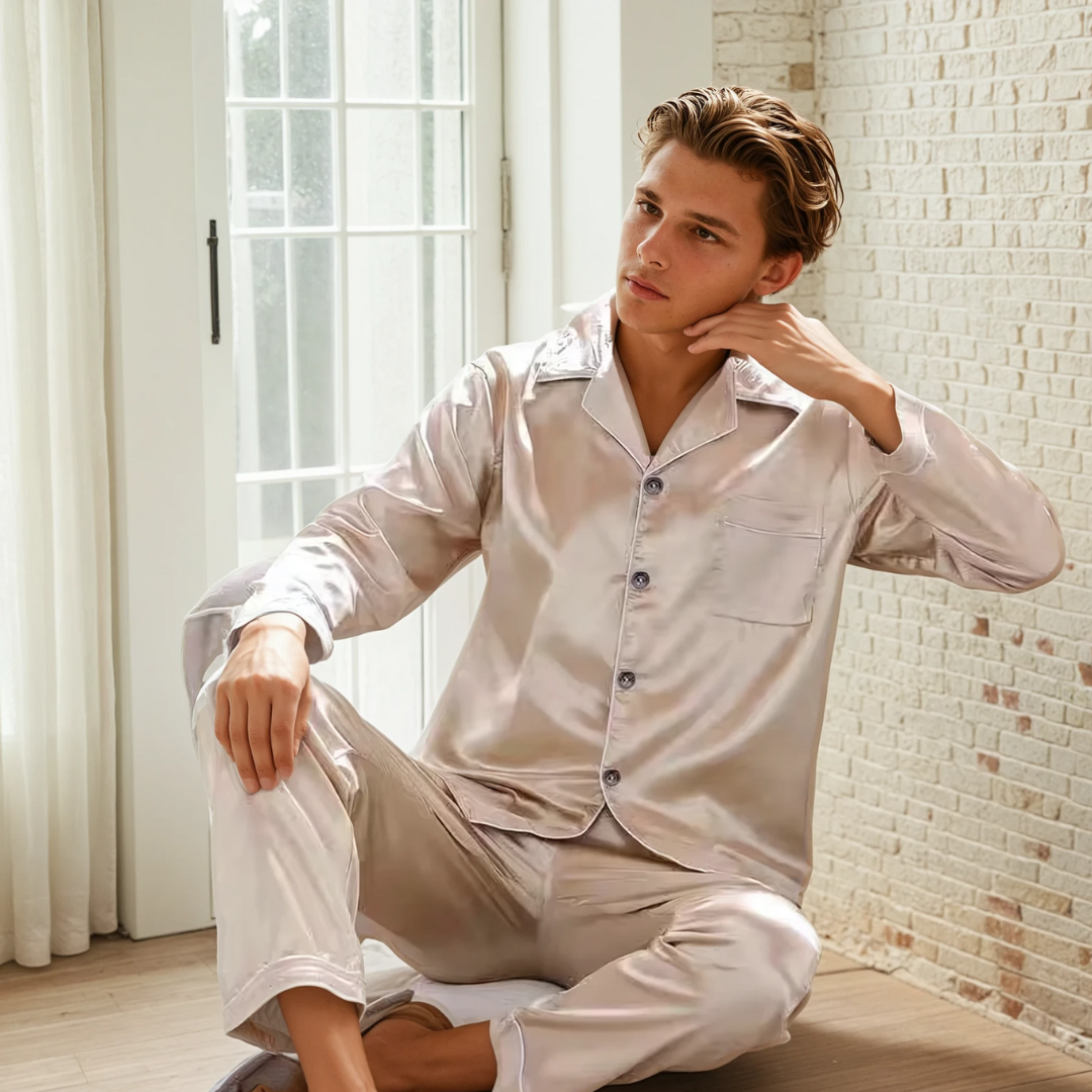 Heren Ice Silk Pyjama Set – Satijnen Loungepak met Lange Mouwen en Broek voor Lente, Herfst en Zomer