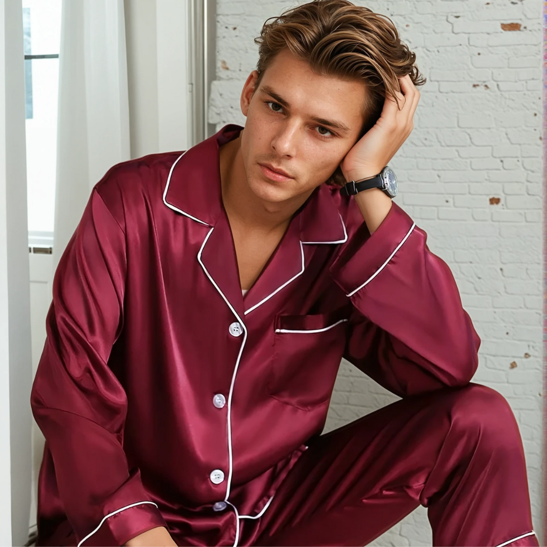 Heren Ice Silk Pyjama Set – Satijnen Loungepak met Lange Mouwen en Broek voor Lente, Herfst en Zomer