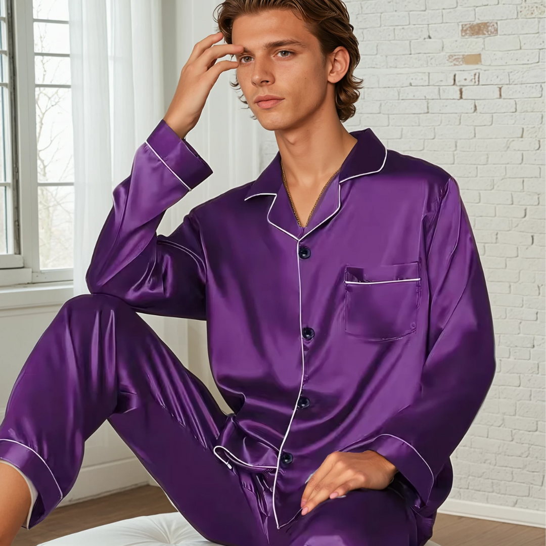 Heren Ice Silk Pyjama Set – Satijnen Loungepak met Lange Mouwen en Broek voor Lente, Herfst en Zomer