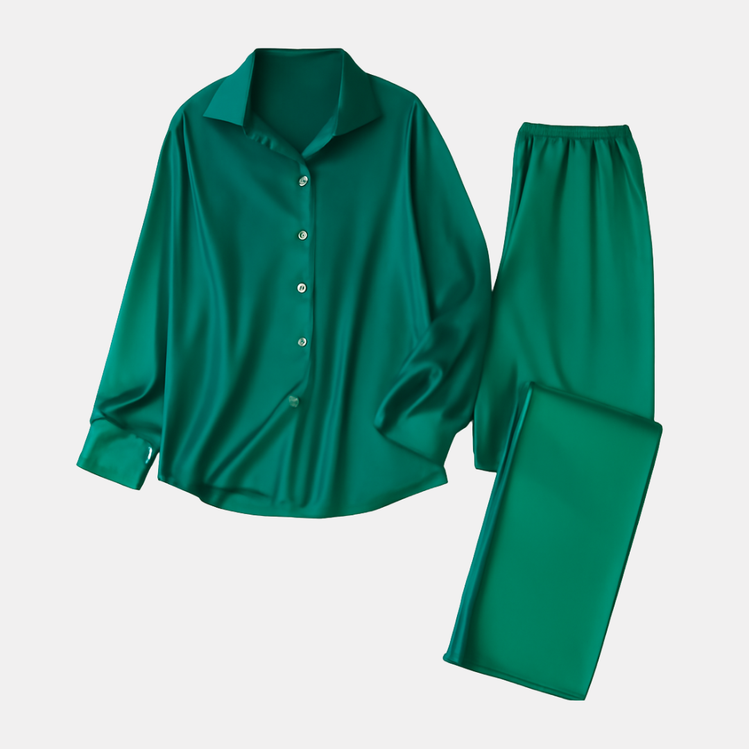 Dames Pyjama Set van Geweven Satijn – Lange Mouwen & Broek in Losse Pasvorm voor de Herfst