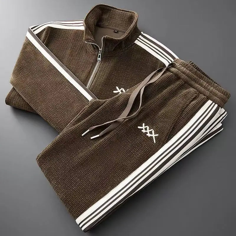 Heren Corduroy Trainingspak – Vest met Rits en Joggingbroek met Sportieve Strepen en Geborduurd Detail