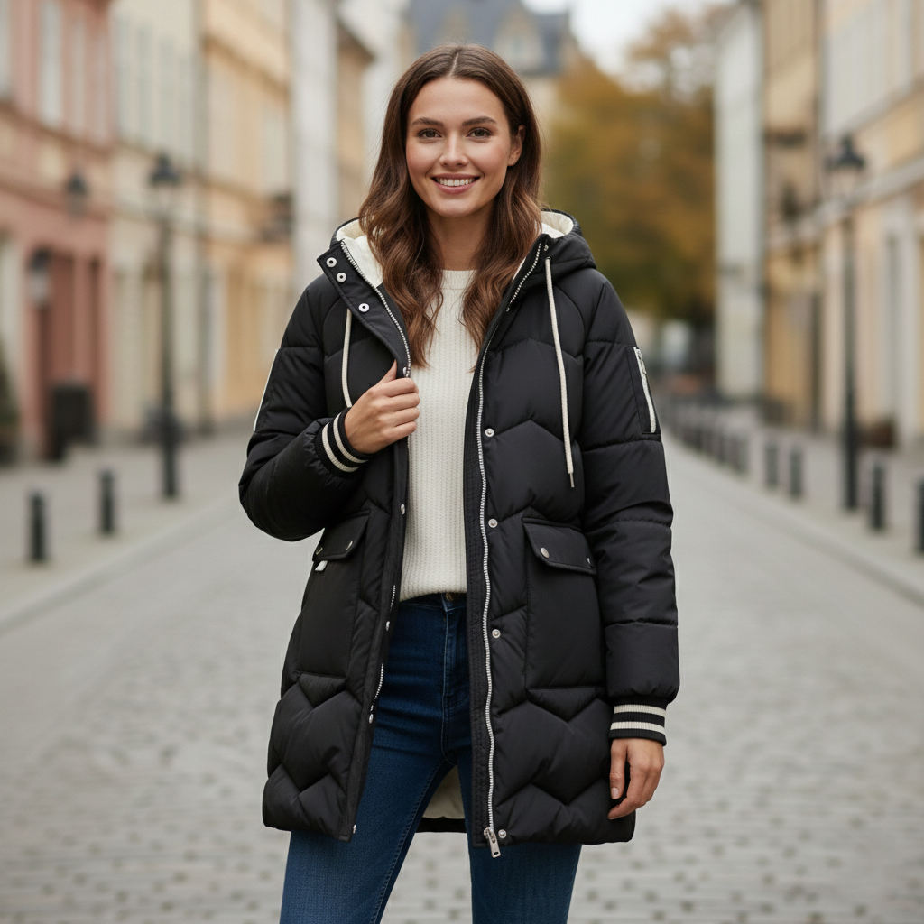 Lange Gewatteerde Winterjas Dames met Verstelbare Capuchon en Gestructureerd Ontwerp voor Optimale Bescherming