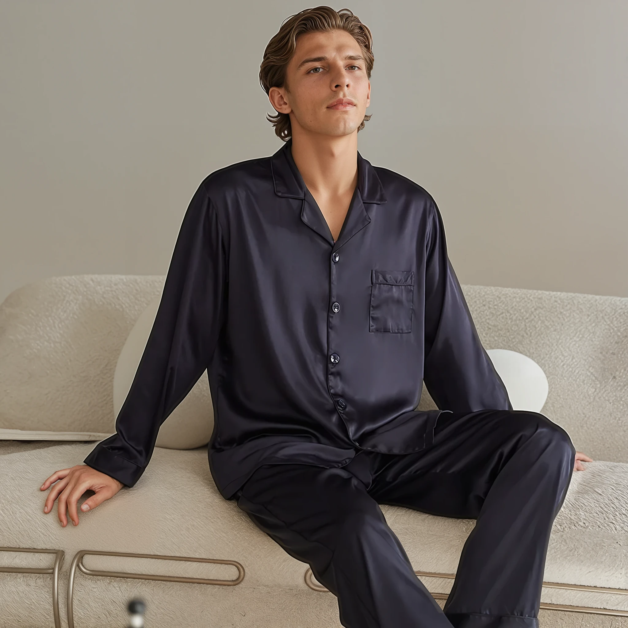 Koppel Pyjama Set – Heren Lange Mouwen & Dames Huispak van Ice Silk voor Lente en Herfst