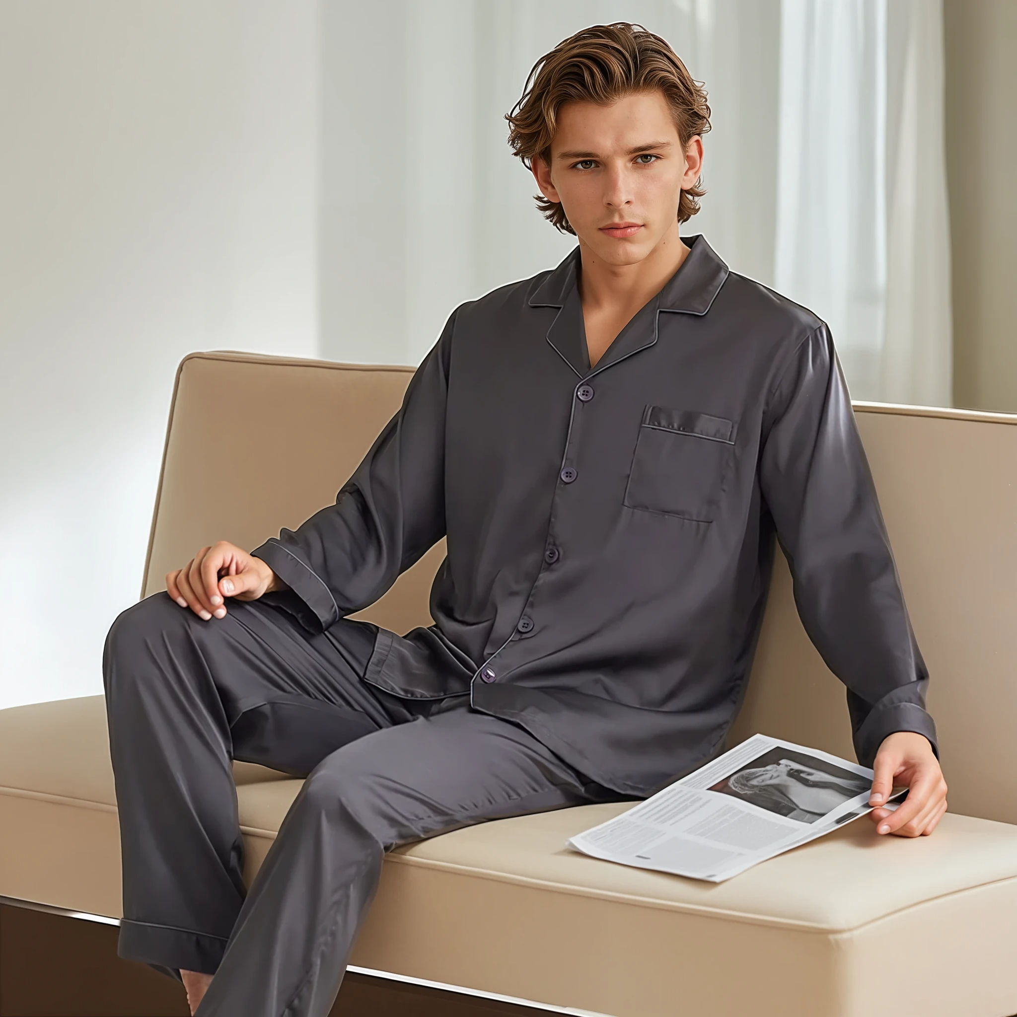 Bijpassende Koppelpyjama Set – Ademend Ice Silk Huispak voor Hem & Haar, Lange Mouwen, Lente & Herfst