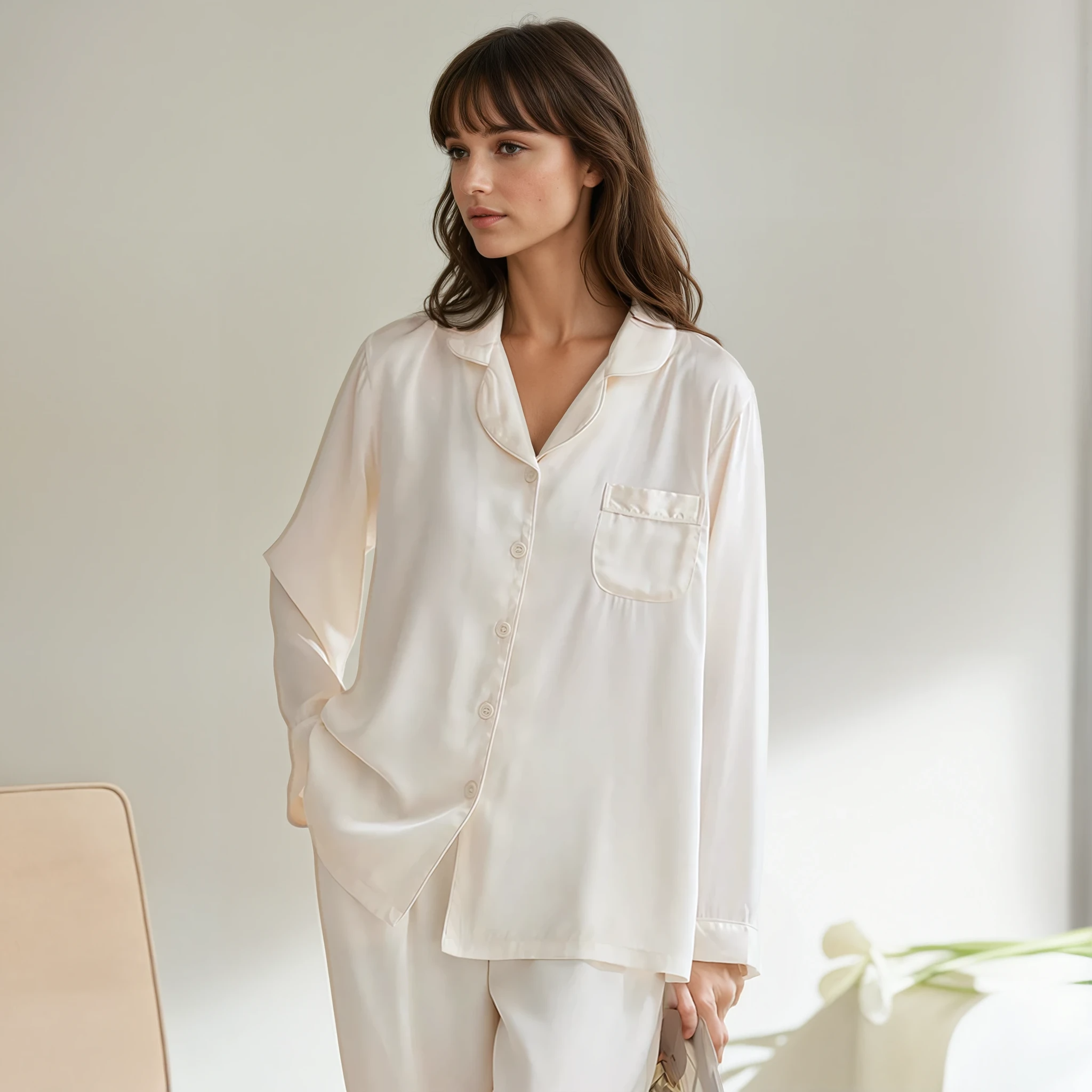 Bijpassende Koppelpyjama Set – Ademend Ice Silk Huispak voor Hem & Haar, Lange Mouwen, Lente & Herfst