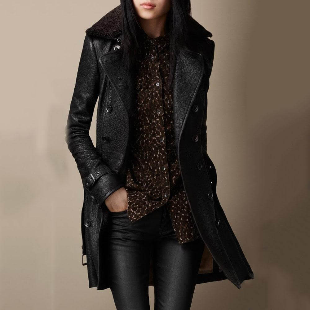 Dames Lange Leren Jas – Elegante Slim Fit Jas met Dubbelrijige Sluiting