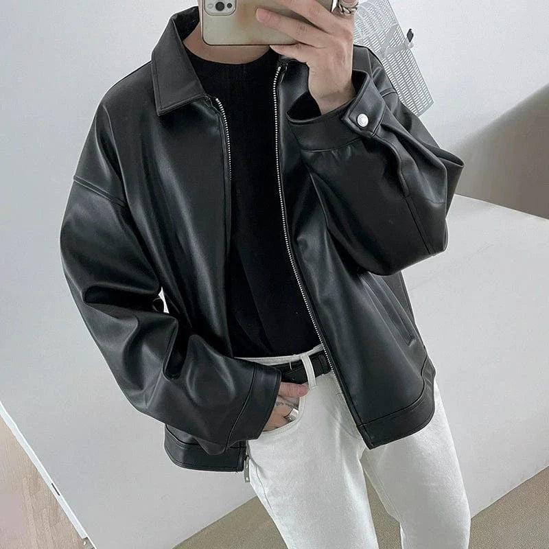 Black Leather Herenjas – Moderne PU Leren Jas met Rits en Kraag