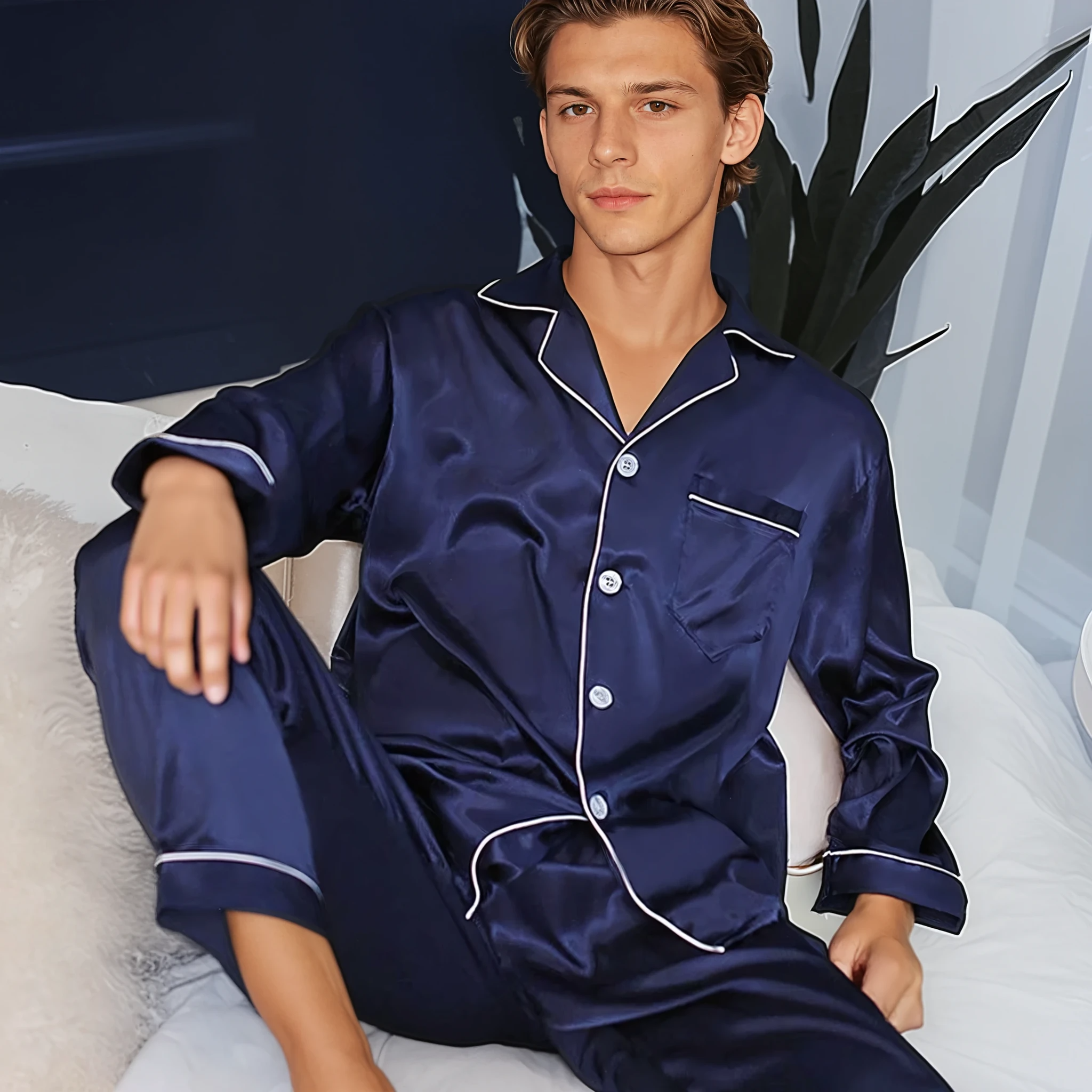 Heren Ice Silk Pyjama Set – Satijnen Loungepak met Lange Mouwen en Broek voor Lente, Herfst en Zomer