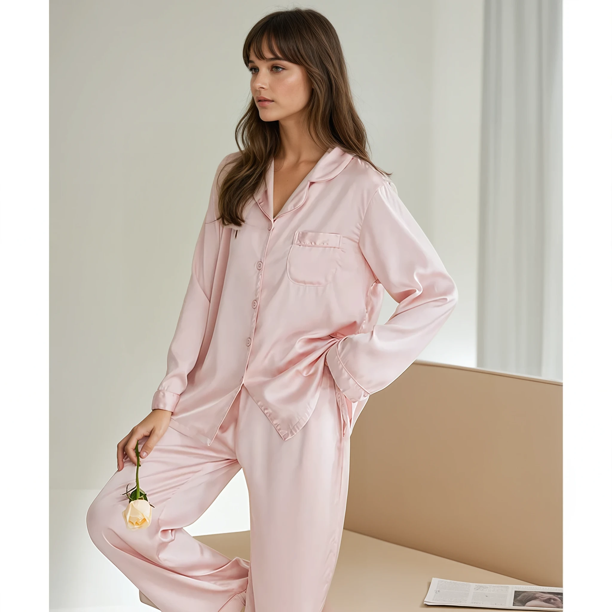 Bijpassende Koppelpyjama Set – Ademend Ice Silk Huispak voor Hem & Haar, Lange Mouwen, Lente & Herfst