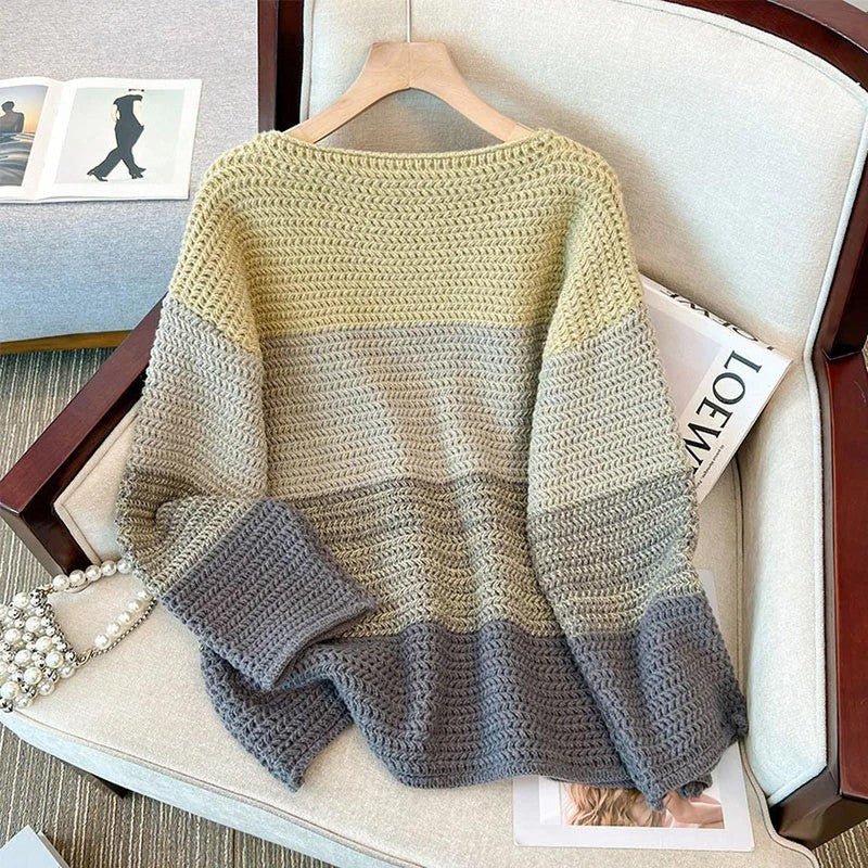 Oversized Gebreide Warme Damestrui met Ronde Hals en Patchwork Design - Lange Mouwen, Heuplengte, Multicolor 0