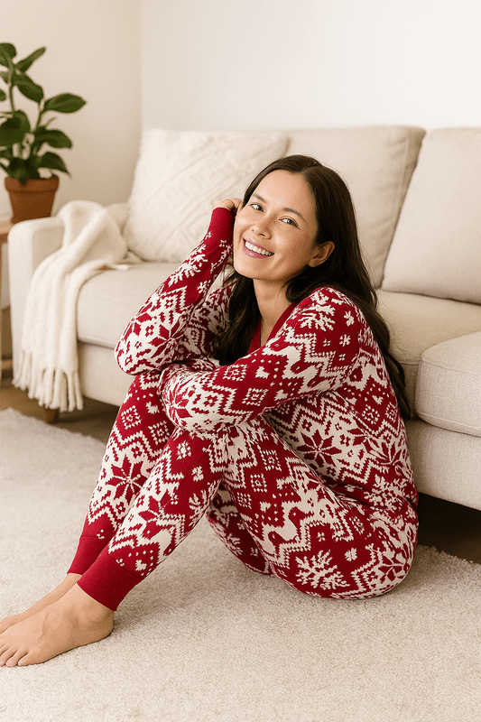 Rode Kerst Pyjama Dames van Zachte Katoenmix met Elastaan - Warme Nachtkleding voor Feestdagen, Compleet Set 0