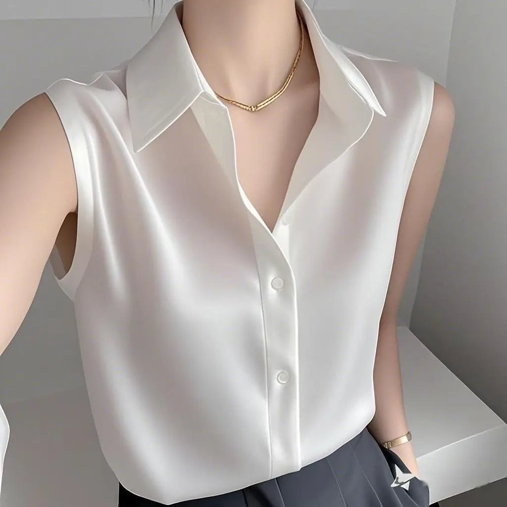 Dames Mouwloze Satijnen Blouse met Gestructureerde Kraag en Getailleerde Pasvorm – Elegante Top van Kantoor tot Avond