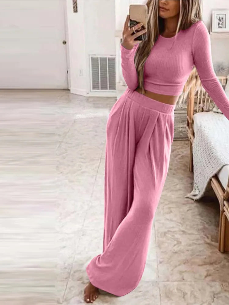 Gebreide Loungewear Set – Lange Mouw Crop Top met Wijde Broek