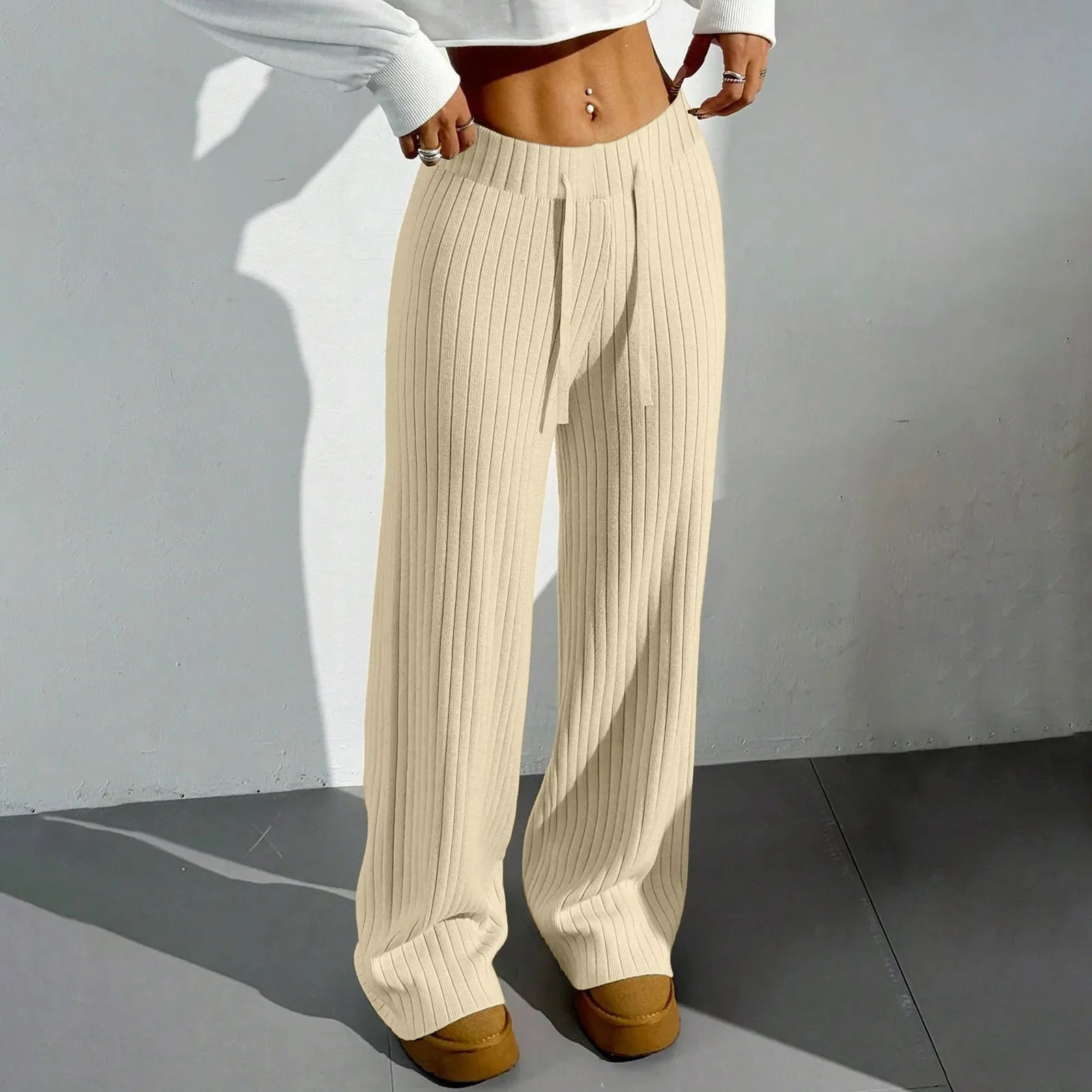 Ribbroek Dames – Comfortabele Wide Leg Lounge Pants met Elastische Taille
