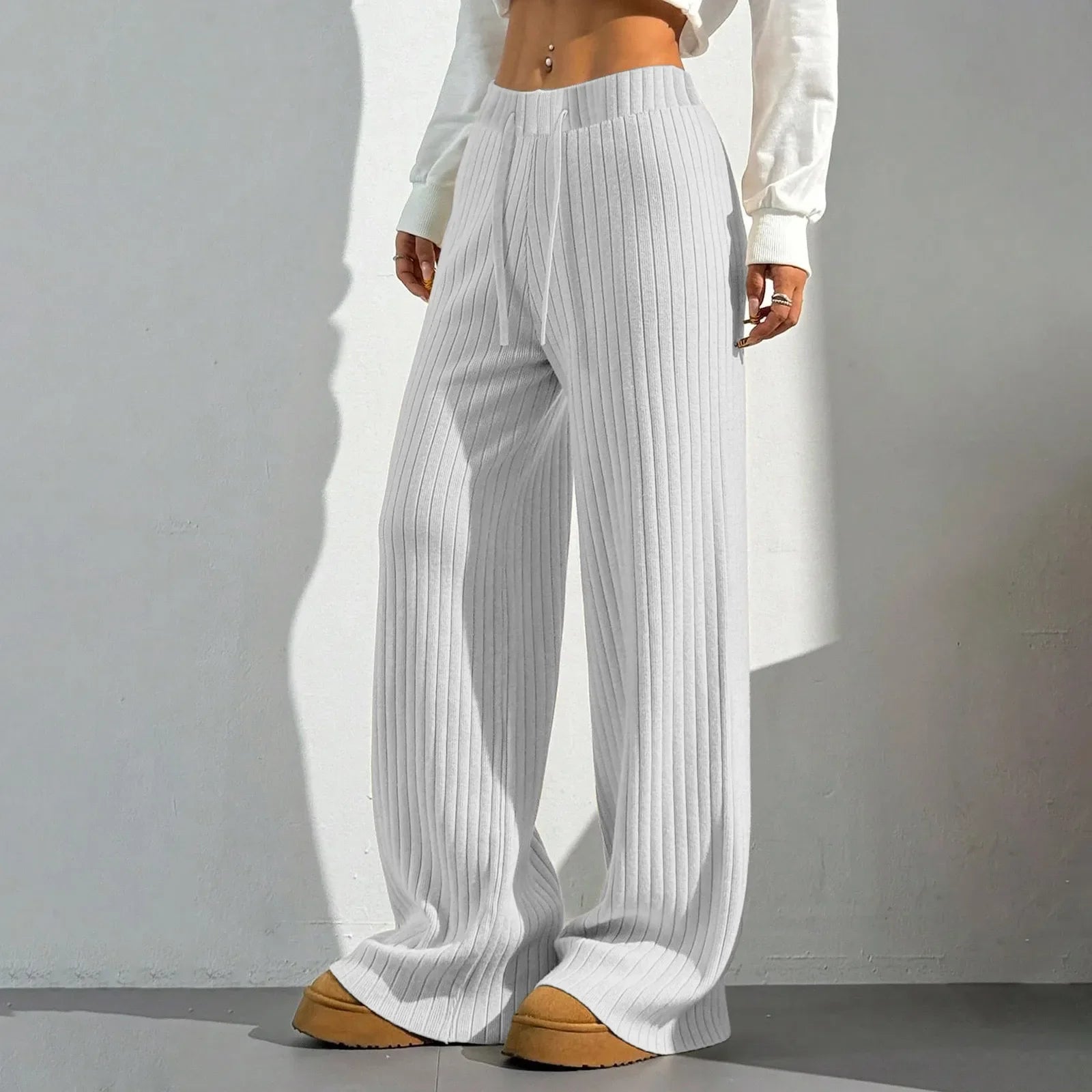 Ribbroek Dames – Comfortabele Wide Leg Lounge Pants met Elastische Taille