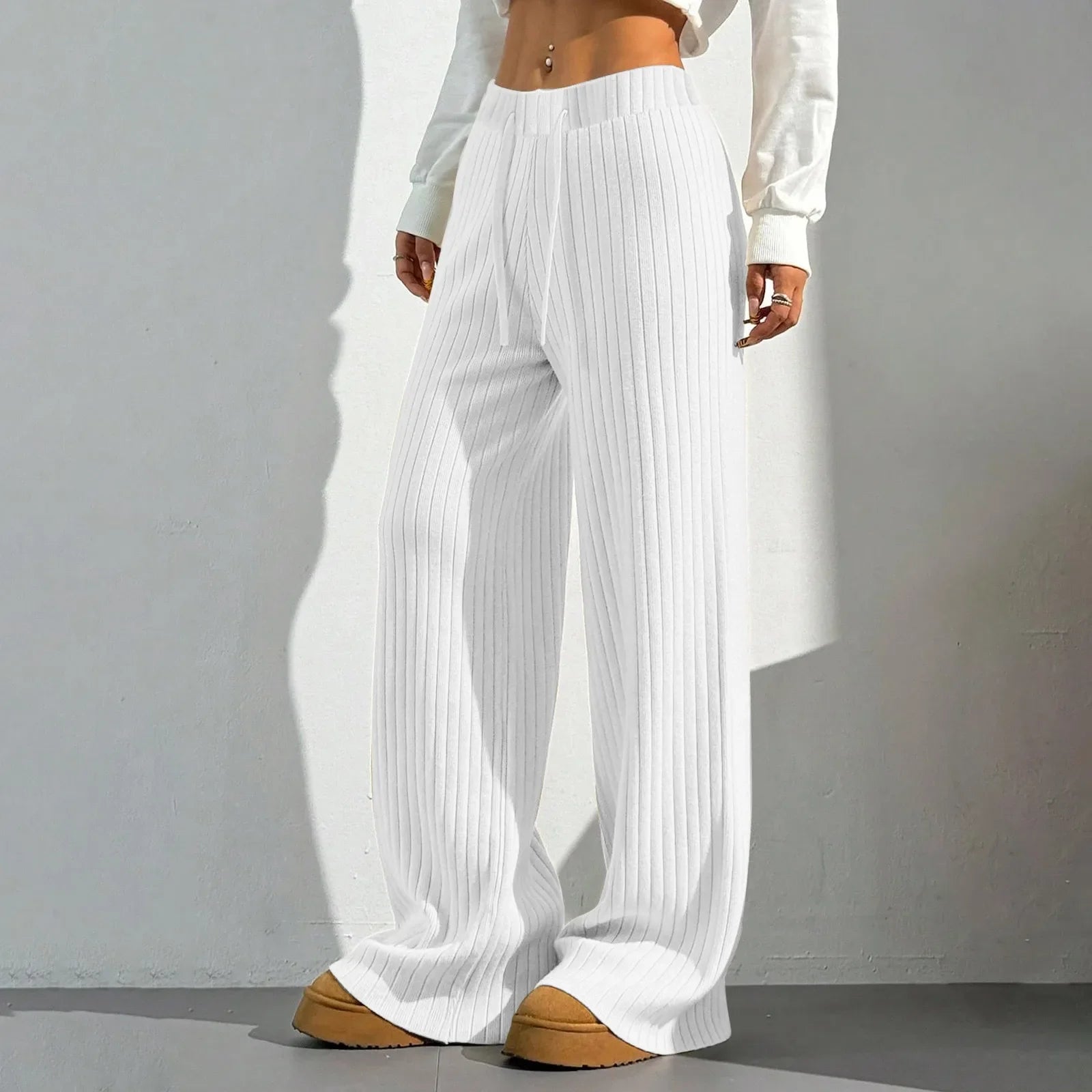 Ribbroek Dames – Comfortabele Wide Leg Lounge Pants met Elastische Taille